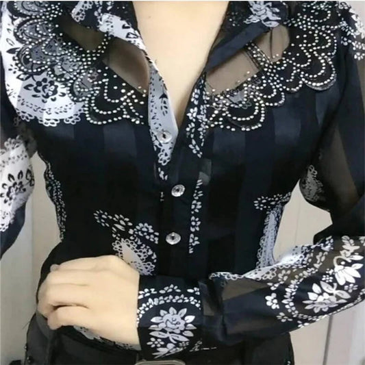 Women'S Blouse Tops Summer Lace Chiffon Shirts lapel Stitching Printing Buttons Female Blusas Offce Lady Shirts chemises fleurs by Reinvent Yourself