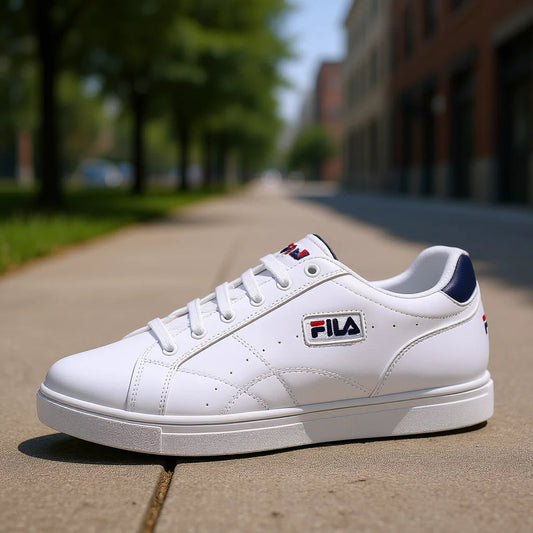 Fila Men's White Low-Top Casual Sneakers With Navy Red Accents Suede Upper Mesh Lining Breathable Lace-Up Walking Shoes All Seas by Reinvent Yourself