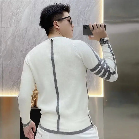 Four-bar Splicing Striped Black Knitted Sweater Men's Slim Base Shirt Ins Trendy by Reinvent Yourself
