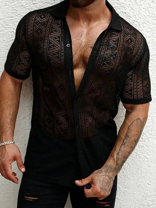 2025 Summer Trendy Mens Mesh Shirts Stylish Short Sleeve Hollow Out Mesh Shirt Vacation Men Sexy See Through Lace Cardigan Tops by Reinvent Yourself