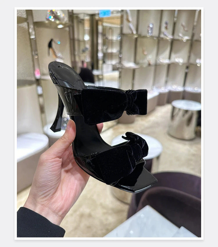 Bow Sugar Pink Pile Sandals 2024 New Lady Sandals Square Toe Open Toe Stiletto Black Heels by Reinvent Yourself