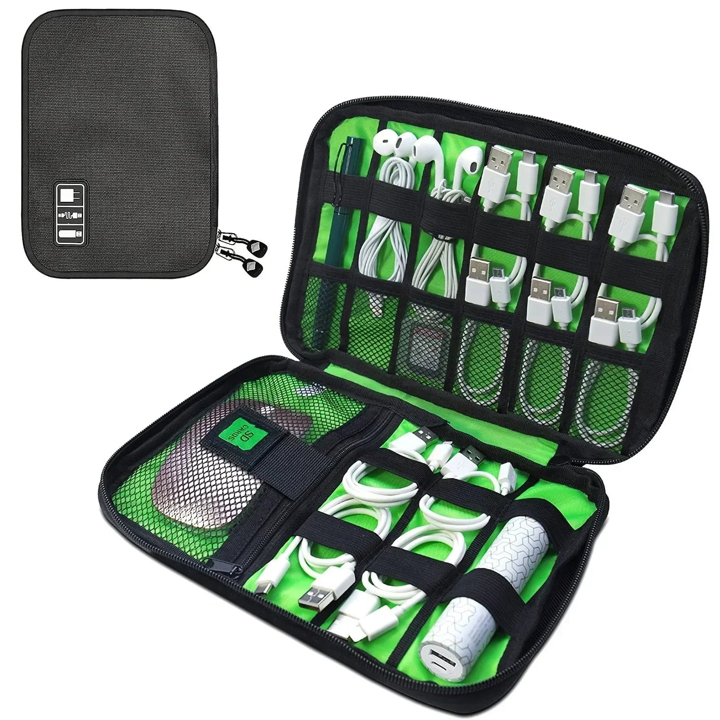 1pc Black Green Storage Bag Electronic Accessory Organizer Portable Usb Data Cable Charger Plug Travel Waterproof Organizer by Reinvent Yourself