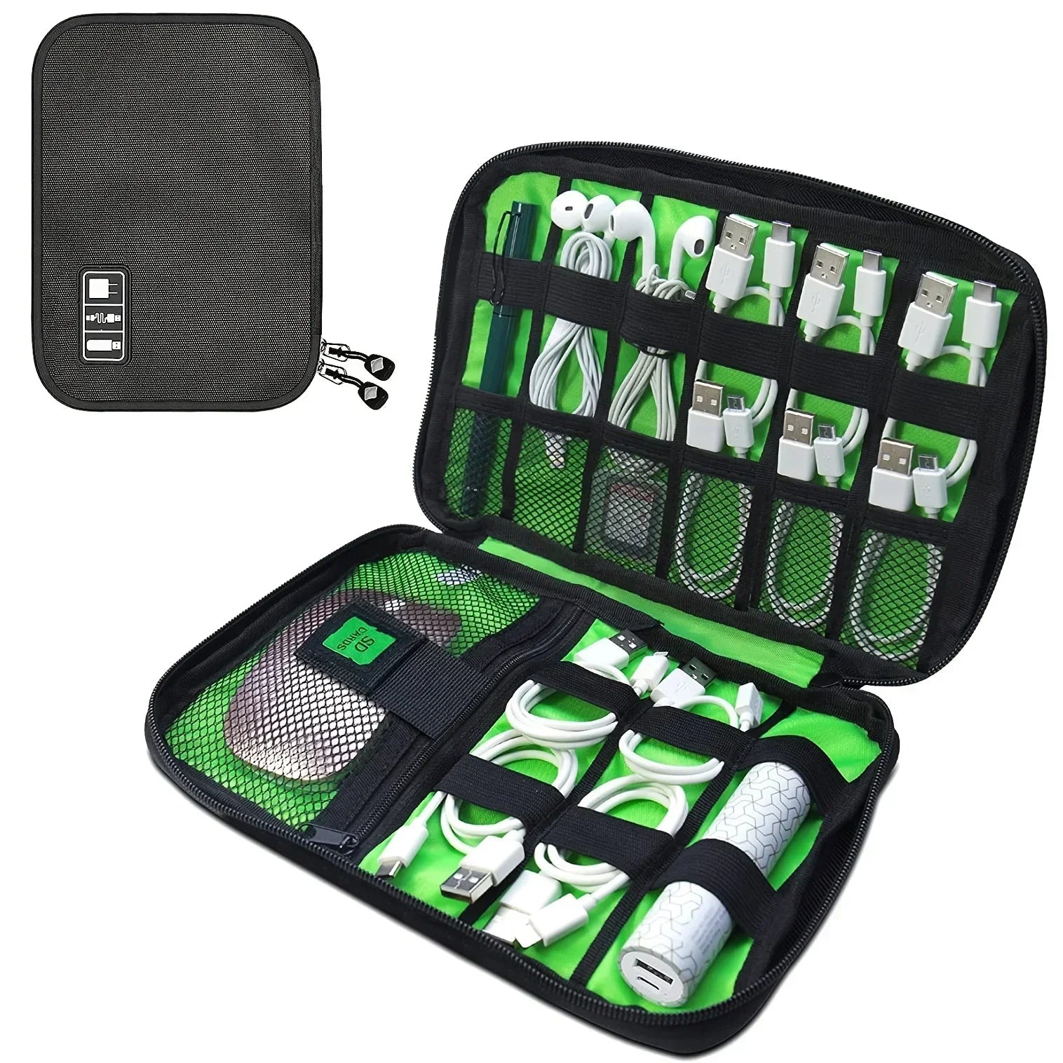 1pc Black Green Storage Bag Electronic Accessory Organizer Portable Usb Data Cable Charger Plug Travel Waterproof Organizer by Reinvent Yourself