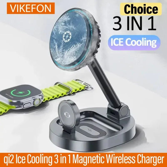 3 in 1 Foldable Fast Charging Station Ice Cooling Magnetic Wireless Charger Stand For Phone 16 15 14 13 12 IWatch 9 8 7 AirPods - Reinvent Yourself