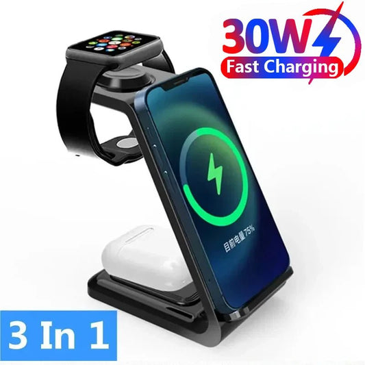 30W 3 In 1 Wireless Charger Stand Dock For iPhone 15 14 13 12 11 XS Apple Watch 8 7 AirPods Induction Fast Charging Station - Reinvent Yourself