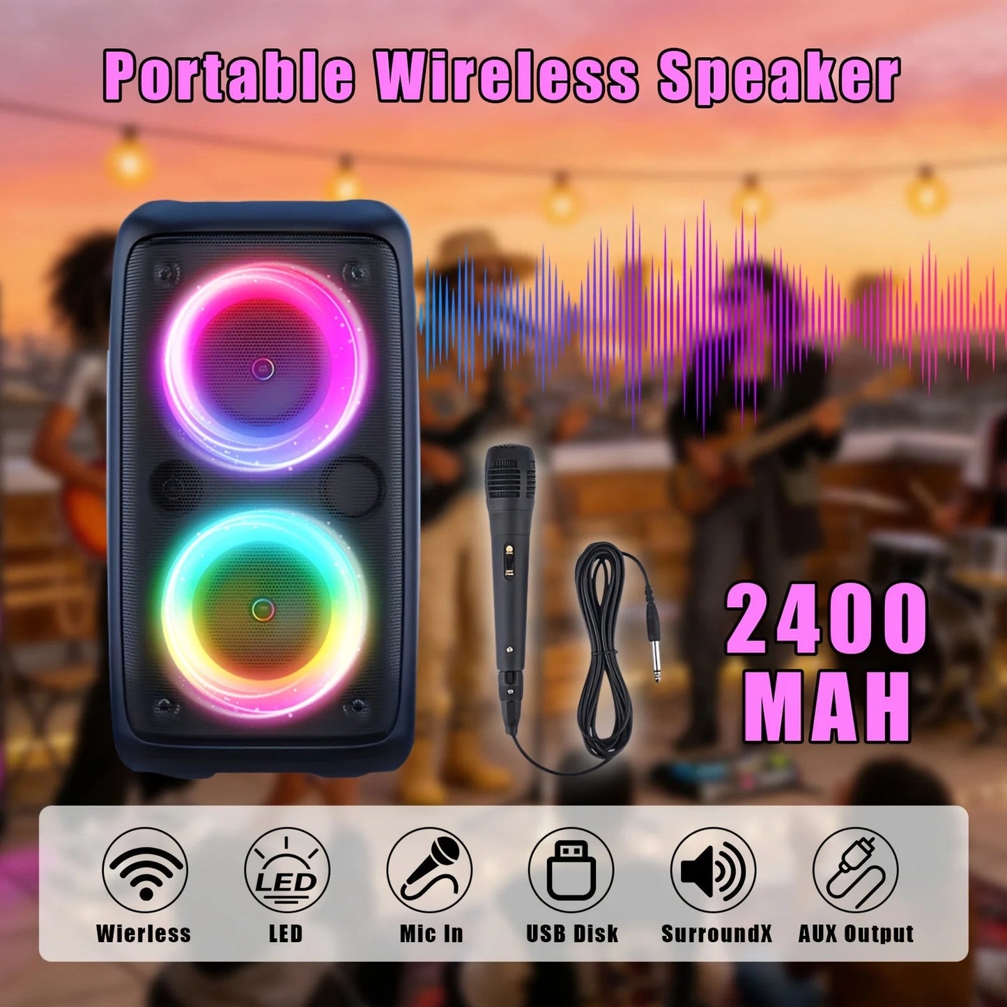 6000W Portable Speaker, Wireless Stereo, TWS, Color Lights, USB/TF Card, for Outdoor, Camping, Backyard Party, Bluetooth Speaker - Reinvent Yourself