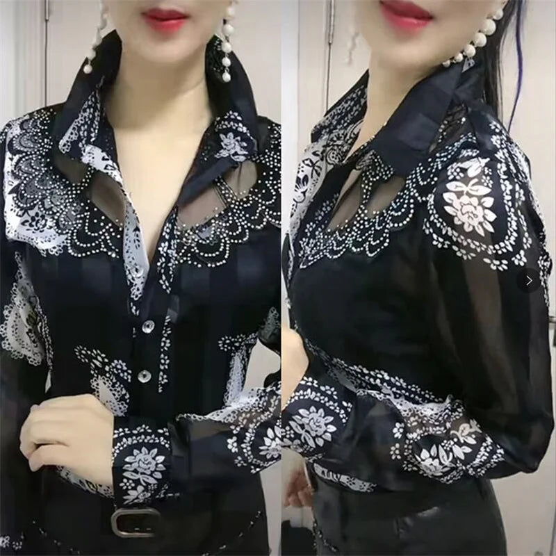 Women'S Blouse Tops Summer Lace Chiffon Shirts lapel Stitching Printing Buttons Female Blusas Offce Lady Shirts chemises fleurs by Reinvent Yourself