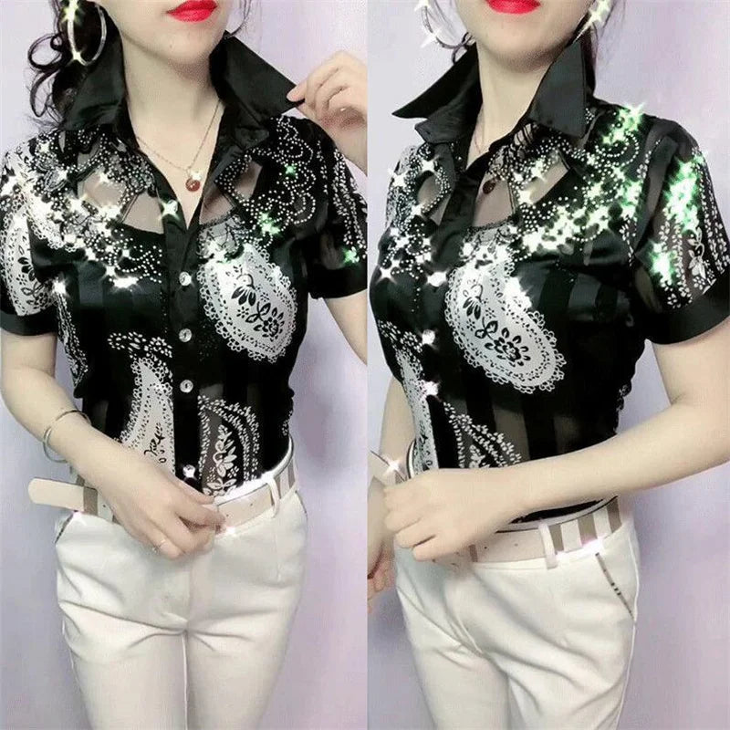 Women'S Blouse Tops Summer Lace Chiffon Shirts lapel Stitching Printing Buttons Female Blusas Offce Lady Shirts chemises fleurs by Reinvent Yourself