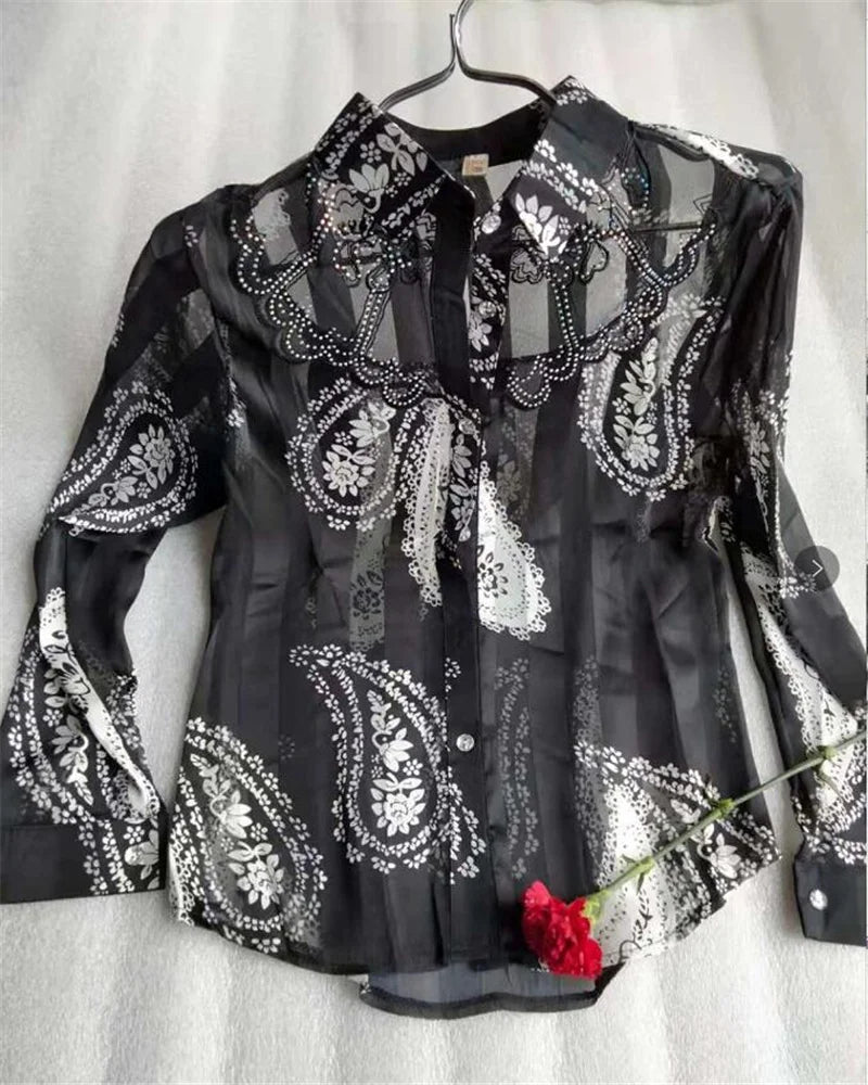 Women'S Blouse Tops Summer Lace Chiffon Shirts lapel Stitching Printing Buttons Female Blusas Offce Lady Shirts chemises fleurs by Reinvent Yourself