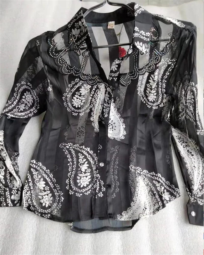 Women'S Blouse Tops Summer Lace Chiffon Shirts lapel Stitching Printing Buttons Female Blusas Offce Lady Shirts chemises fleurs by Reinvent Yourself