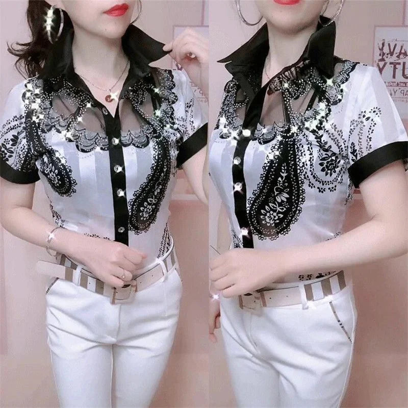 Women'S Blouse Tops Summer Lace Chiffon Shirts lapel Stitching Printing Buttons Female Blusas Offce Lady Shirts chemises fleurs by Reinvent Yourself