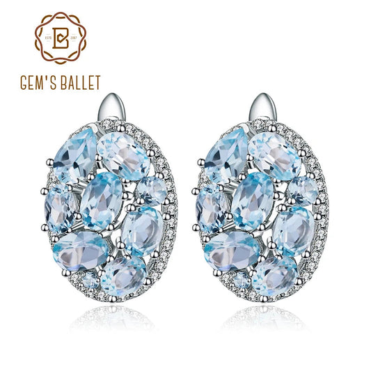 GEM'S BALLET Natural Sky Blue Topaz Pure 925 Sterling Silver Oval Clip Earrings Women Gift Vintage Luxury Fine Costume Jewelry by Reinvent Yourself