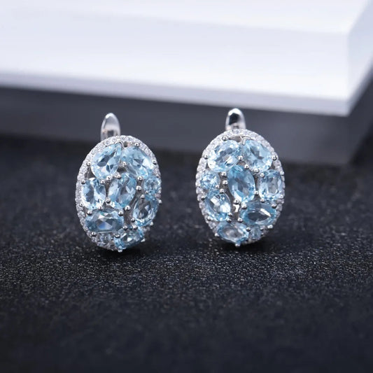 GEM'S BALLET Natural Sky Blue Topaz Pure 925 Sterling Silver Oval Clip Earrings Women Gift Vintage Luxury Fine Costume Jewelry by Reinvent Yourself