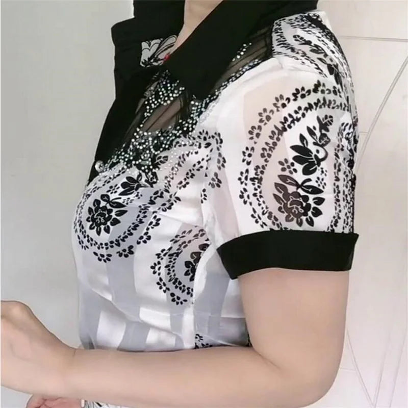 Women'S Blouse Tops Summer Lace Chiffon Shirts lapel Stitching Printing Buttons Female Blusas Offce Lady Shirts chemises fleurs by Reinvent Yourself