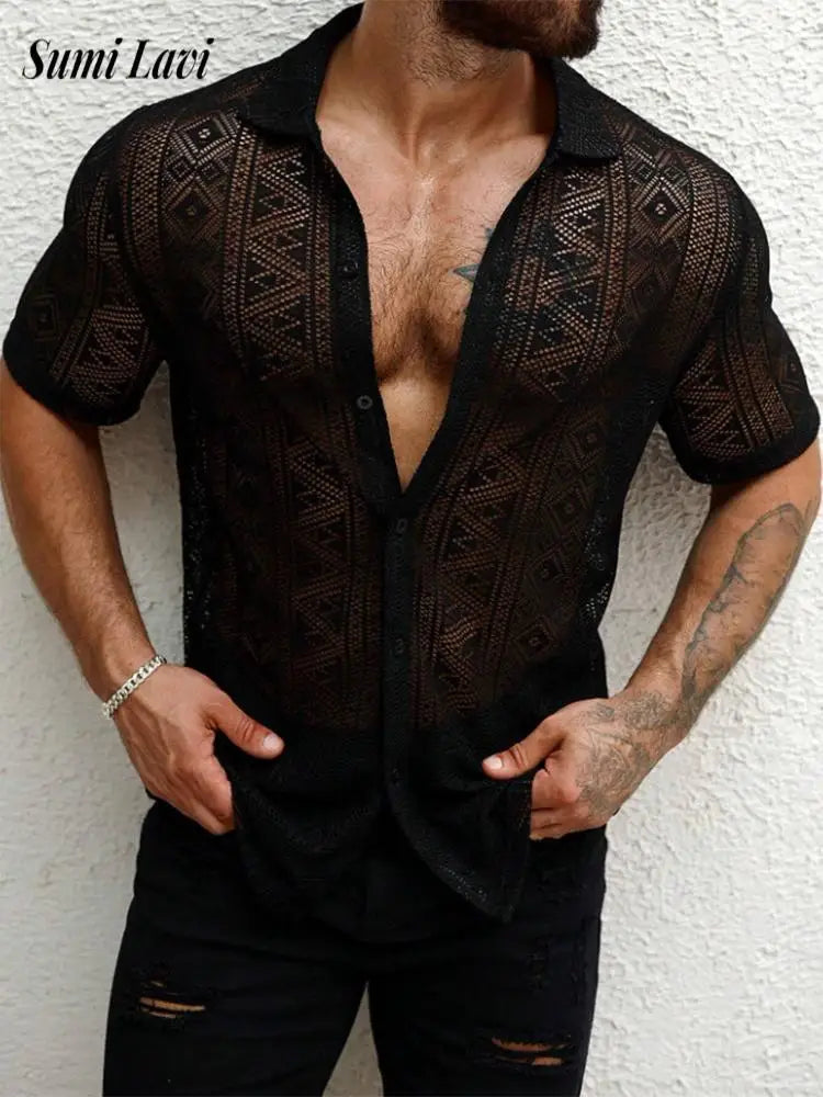 2025 Summer Trendy Mens Mesh Shirts Stylish Short Sleeve Hollow Out Mesh Shirt Vacation Men Sexy See Through Lace Cardigan Tops by Reinvent Yourself