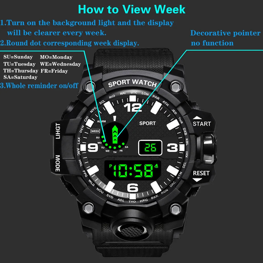 Fashion Men's Watch Sports Electronic Wristwatch Large dial Multifunctional Waterproof Luminous Alarm Kids Male's Military Watch by Reinvent Yourself
