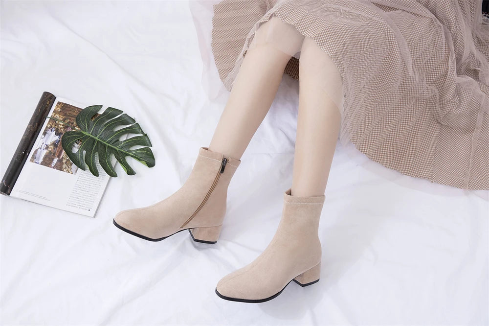 Woman Ankle Boots 2025 Autumn Winter Round Toe Low Heel Flock Black Comfortable Booties Lady Shoes Big Size 31 32 33 40 41 42 43 by Reinvent Yourself