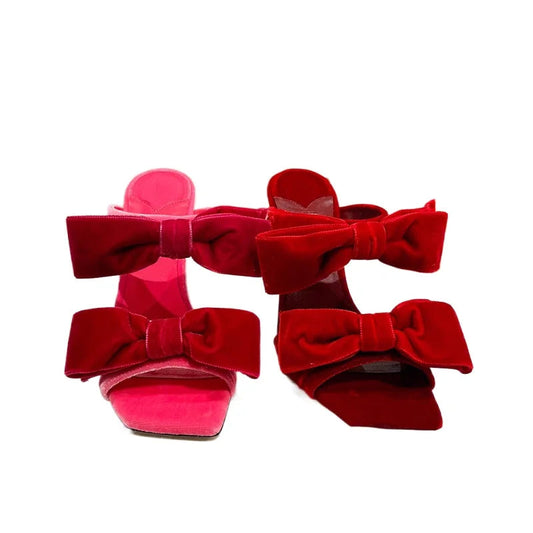 Bow Sugar Pink Pile Sandals 2024 New Lady Sandals Square Toe Open Toe Stiletto Black Heels by Reinvent Yourself