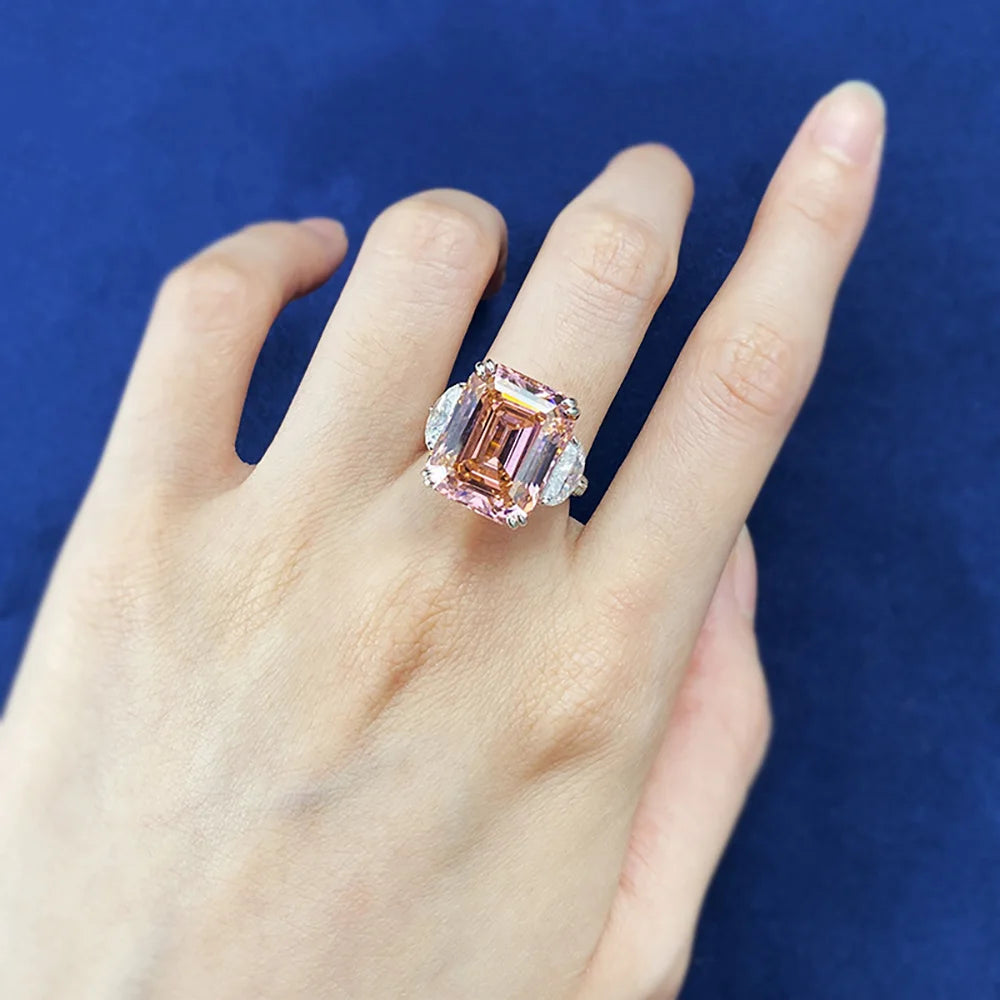 Luxury 13*16mm 15ct Emerald Cut Pink Orange Tourmaline High Carbon Diamond Rings for Women S925 Silver Rings Party Fine Jewelry by Reinvent Yourself