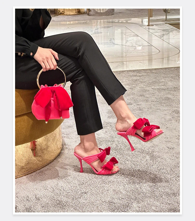 Bow Sugar Pink Pile Sandals 2024 New Lady Sandals Square Toe Open Toe Stiletto Black Heels by Reinvent Yourself