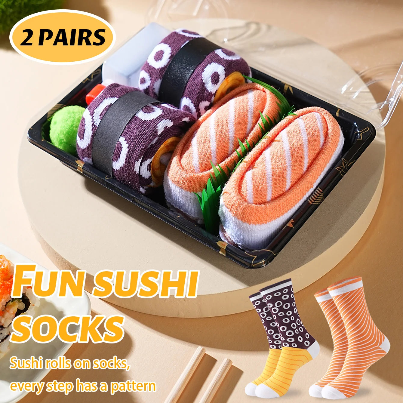 2 Pairs of Mid-Calf Men's Socks, Suitable for Both Men and Women, Novel and Fun, Colorful Salmon Sushi Gift Box Socks, European and American Fashion Trend Style, Comfortable and Breathable, Party Casual Novelty Gifts, Valenti by Reinvent Yourself