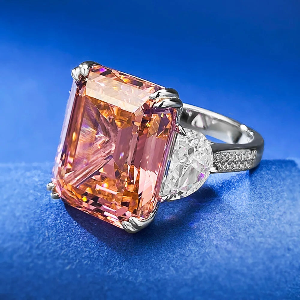 Luxury 13*16mm 15ct Emerald Cut Pink Orange Tourmaline High Carbon Diamond Rings for Women S925 Silver Rings Party Fine Jewelry by Reinvent Yourself