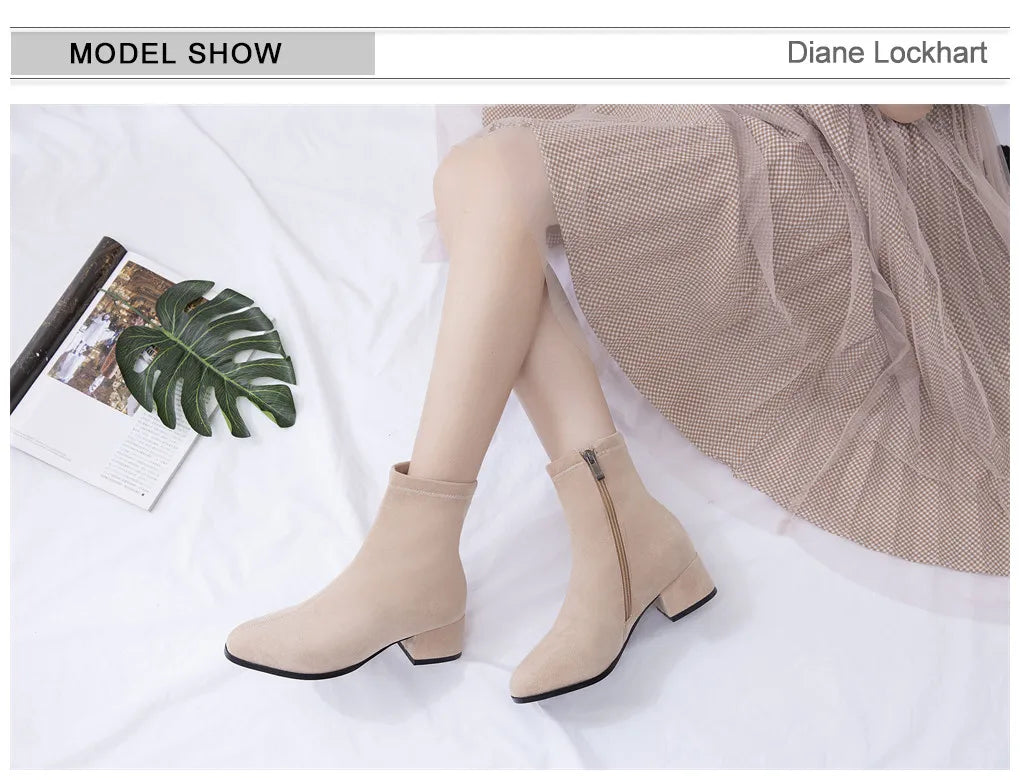 Woman Ankle Boots 2025 Autumn Winter Round Toe Low Heel Flock Black Comfortable Booties Lady Shoes Big Size 31 32 33 40 41 42 43 by Reinvent Yourself