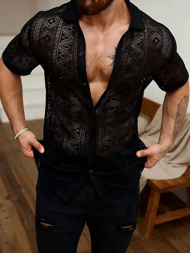 2025 Summer Trendy Mens Mesh Shirts Stylish Short Sleeve Hollow Out Mesh Shirt Vacation Men Sexy See Through Lace Cardigan Tops by Reinvent Yourself