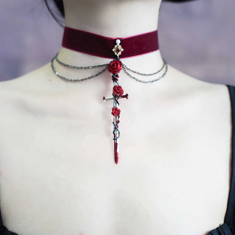2023 New Gothic Rose-cross Sword Stud Necklace Set Alloy Gothic Style Men's And Women's Jewelry Party Gift by Reinvent Yourself