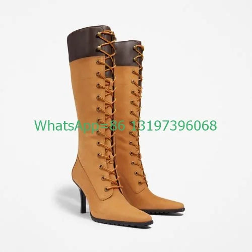 Lady denim canvas yellow runway knee boots causal running office lady dress boots size vintage lace-up new arrive pointed toe 43 by Reinvent Yourself