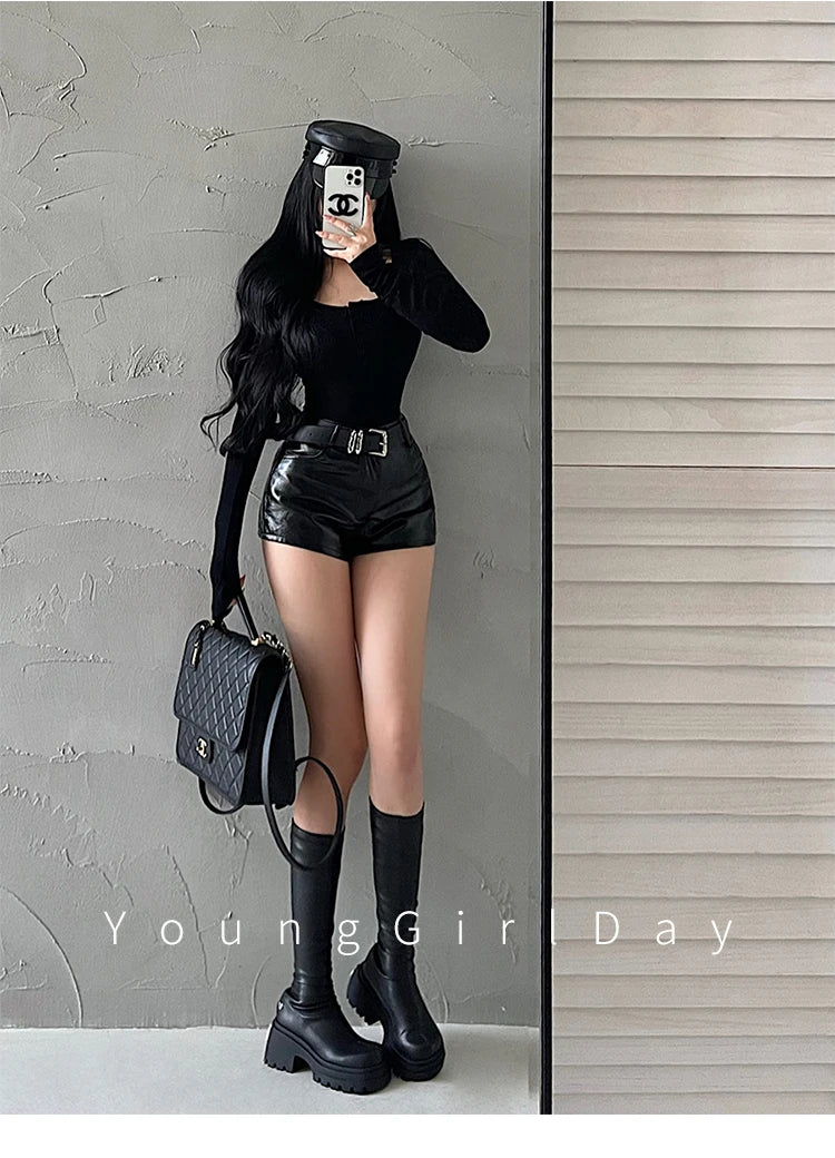 WOMENGAGA American Spicy Girl Shorts Sexy High Waist Tight Slim PU Leather Shorts Hot With Belt Trendy Fashion Spice Girls Y7EK by Reinvent Yourself