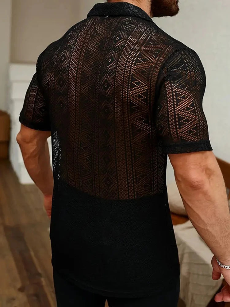 2025 Summer Trendy Mens Mesh Shirts Stylish Short Sleeve Hollow Out Mesh Shirt Vacation Men Sexy See Through Lace Cardigan Tops by Reinvent Yourself