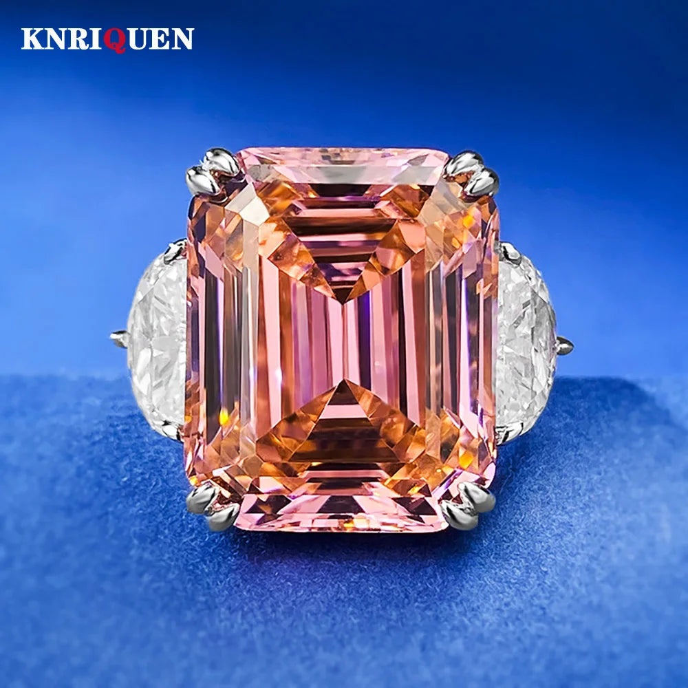 Luxury 13*16mm 15ct Emerald Cut Pink Orange Tourmaline High Carbon Diamond Rings for Women S925 Silver Rings Party Fine Jewelry by Reinvent Yourself