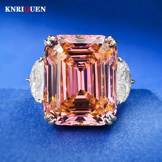 Luxury 13*16mm 15ct Emerald Cut Pink Orange Tourmaline High Carbon Diamond Rings for Women S925 Silver Rings Party Fine Jewelry by Reinvent Yourself