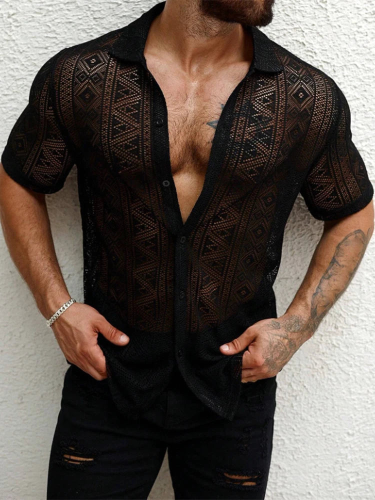 2025 Summer Trendy Mens Mesh Shirts Stylish Short Sleeve Hollow Out Mesh Shirt Vacation Men Sexy See Through Lace Cardigan Tops by Reinvent Yourself