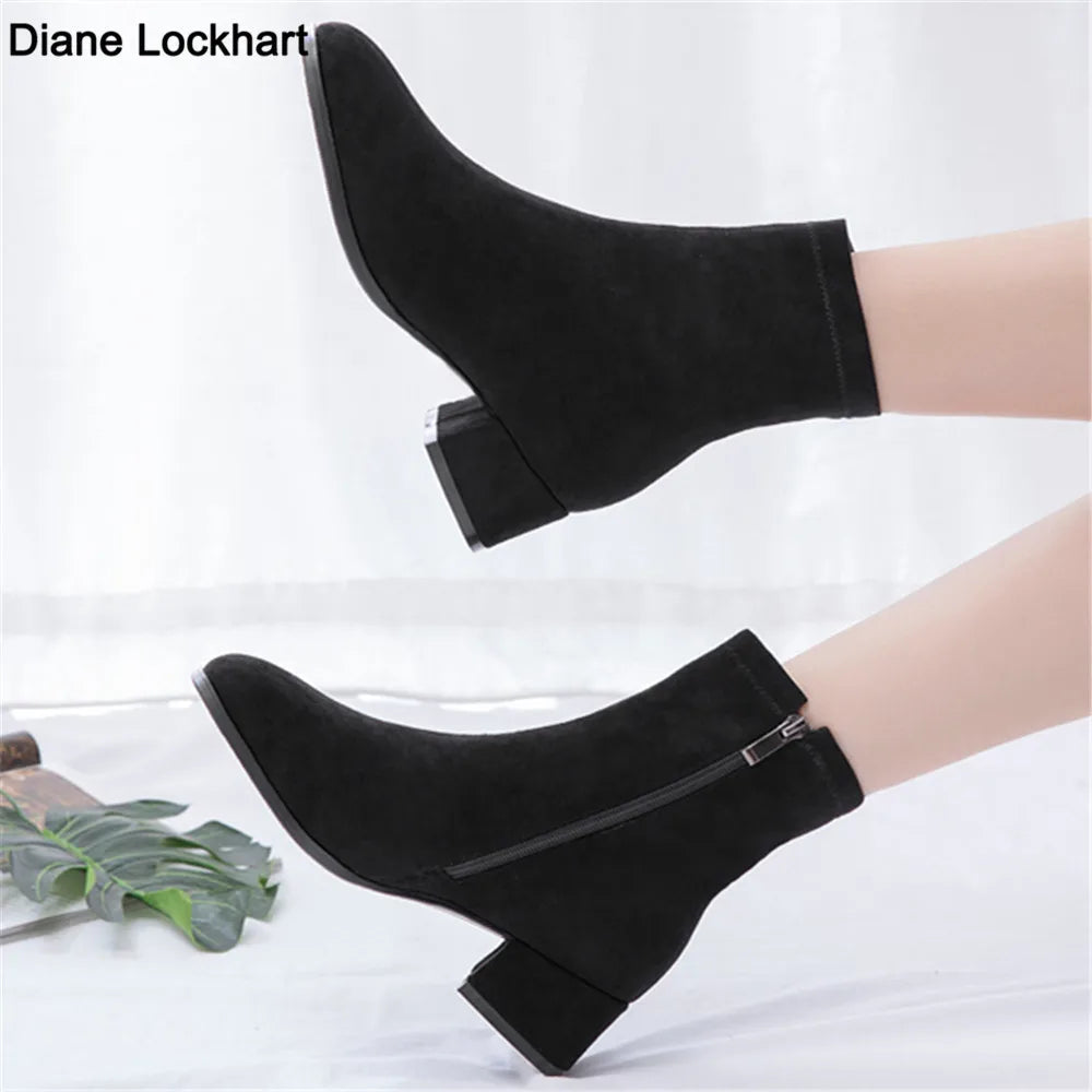 Woman Ankle Boots 2025 Autumn Winter Round Toe Low Heel Flock Black Comfortable Booties Lady Shoes Big Size 31 32 33 40 41 42 43 by Reinvent Yourself