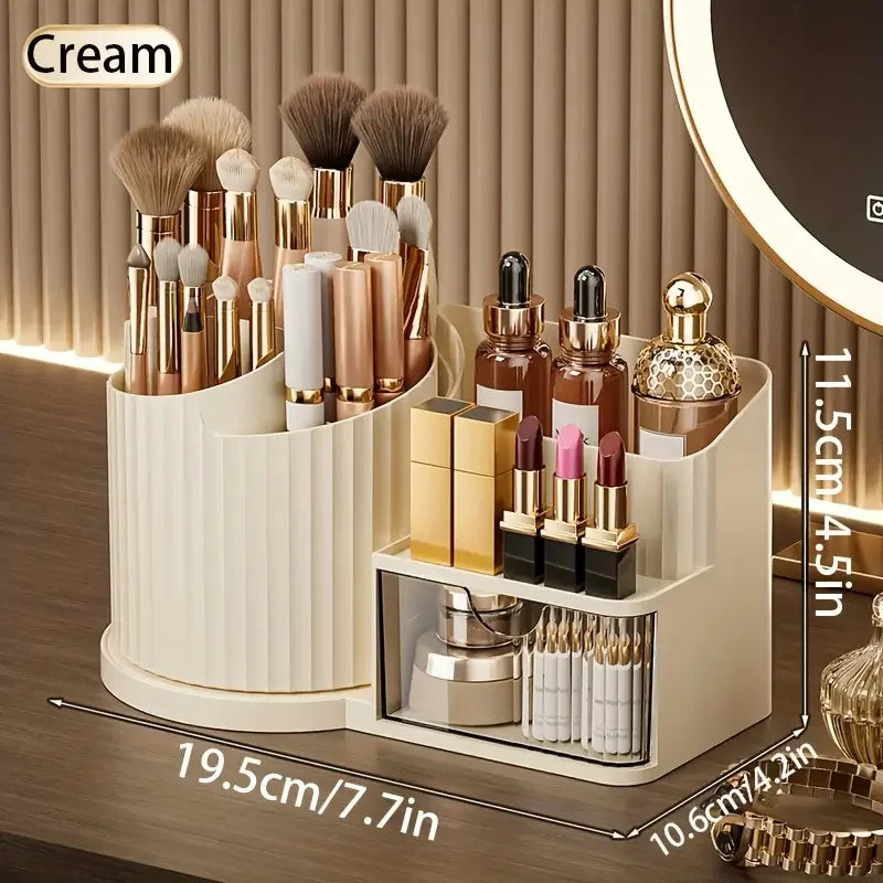360° Rotating Makeup Organizer with Brush Holder & Drawer Desktop Large Capacity Skincare Cosmetic Tools Lipstick Display Cases by Reinvent Yourself
