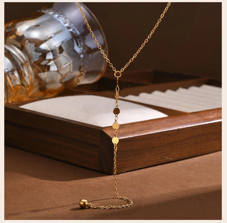 Lariat Necklace, Tiny Ball Pendant Y Drop Long Necklace For Women, Stainless Steel Gold Plated Jewelry Party Gifts by Reinvent Yourself