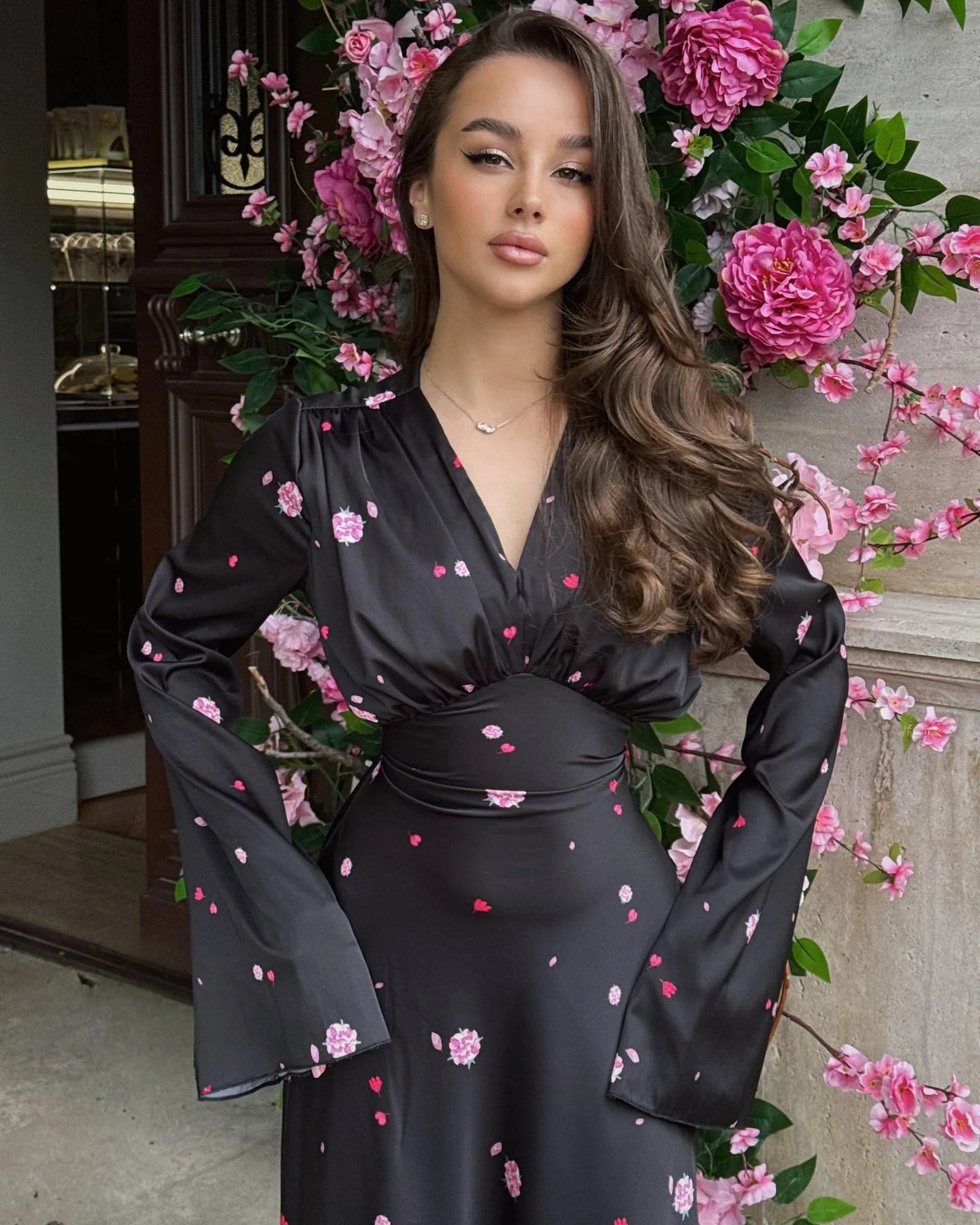 2025 Autumn Elegant Printed Satin Long Dress Women Slim Lace Up V-neck Full Sleeve Pleat Dresses Lady Party Evening Robes New by Reinvent Yourself
