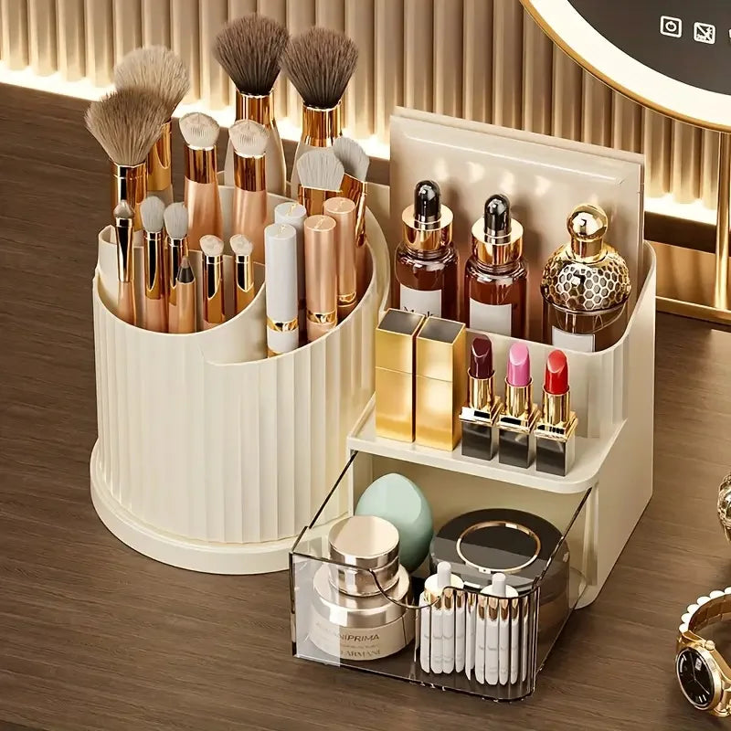 360° Rotating Makeup Organizer with Brush Holder & Drawer Desktop Large Capacity Skincare Cosmetic Tools Lipstick Display Cases by Reinvent Yourself