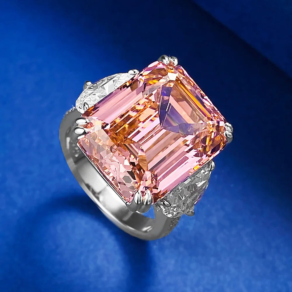 Luxury 13*16mm 15ct Emerald Cut Pink Orange Tourmaline High Carbon Diamond Rings for Women S925 Silver Rings Party Fine Jewelry by Reinvent Yourself