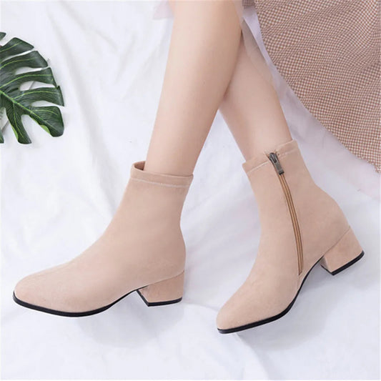 Woman Ankle Boots 2025 Autumn Winter Round Toe Low Heel Flock Black Comfortable Booties Lady Shoes Big Size 31 32 33 40 41 42 43 by Reinvent Yourself