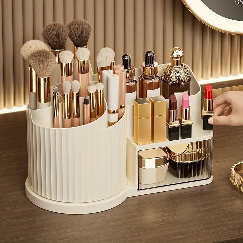 360° Rotating Makeup Organizer with Brush Holder & Drawer Desktop Large Capacity Skincare Cosmetic Tools Lipstick Display Cases by Reinvent Yourself