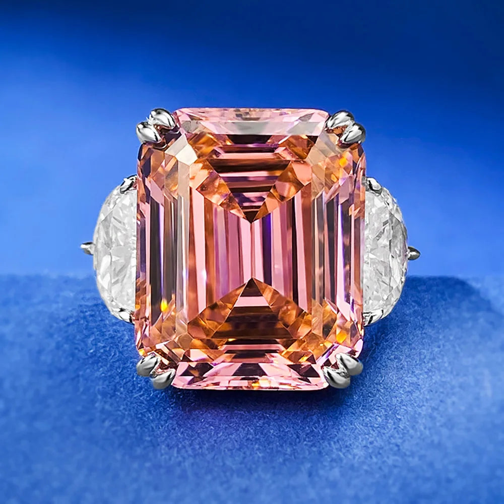 Luxury 13*16mm 15ct Emerald Cut Pink Orange Tourmaline High Carbon Diamond Rings for Women S925 Silver Rings Party Fine Jewelry by Reinvent Yourself