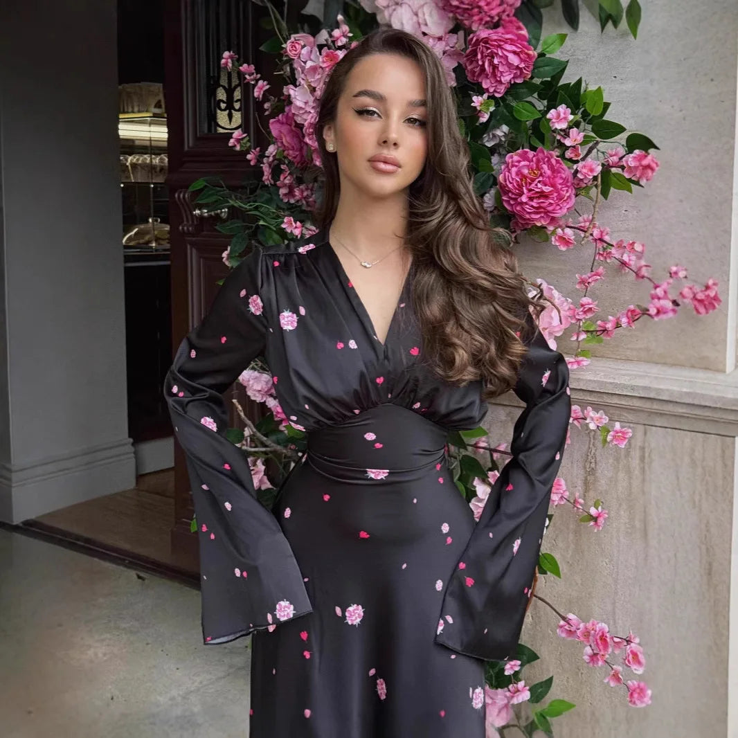 2025 Autumn Elegant Printed Satin Long Dress Women Slim Lace Up V-neck Full Sleeve Pleat Dresses Lady Party Evening Robes New by Reinvent Yourself