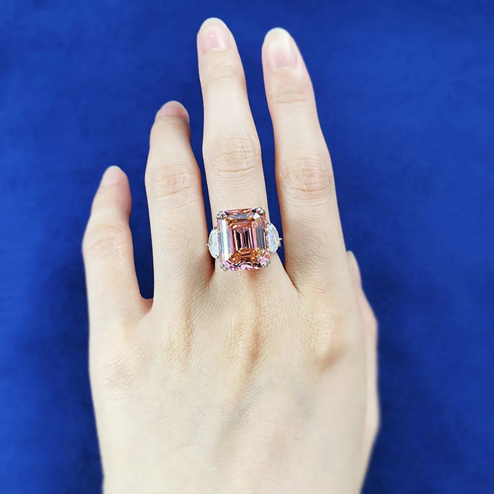 Luxury 13*16mm 15ct Emerald Cut Pink Orange Tourmaline High Carbon Diamond Rings for Women S925 Silver Rings Party Fine Jewelry by Reinvent Yourself