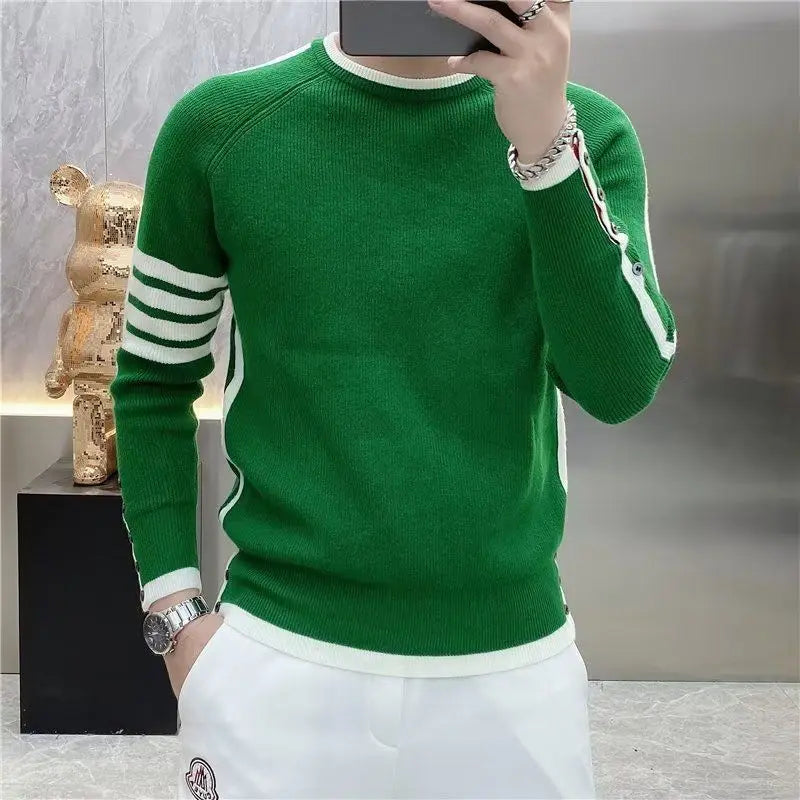Four-bar Splicing Striped Black Knitted Sweater Men's Slim Base Shirt Ins Trendy by Reinvent Yourself