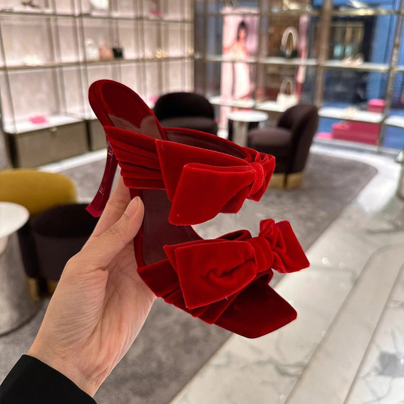 Bow Sugar Pink Pile Sandals 2024 New Lady Sandals Square Toe Open Toe Stiletto Black Heels by Reinvent Yourself