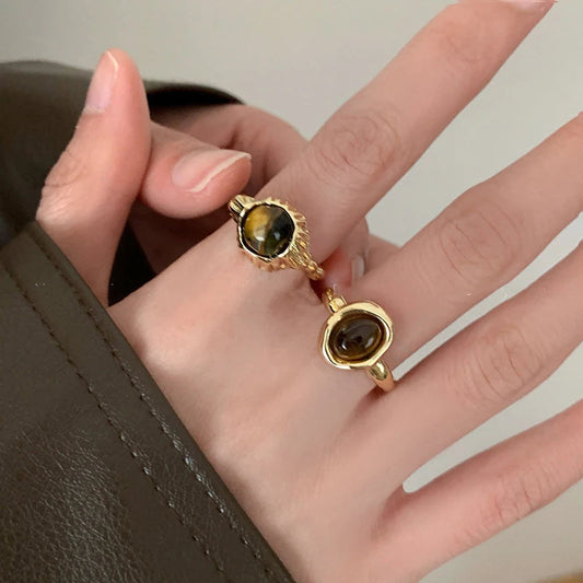 Vintage Brown Tiger Eye Stone Women's Ring Irregular Round Open Ring Design Sense High End Jewelry Gifts by Reinvent Yourself