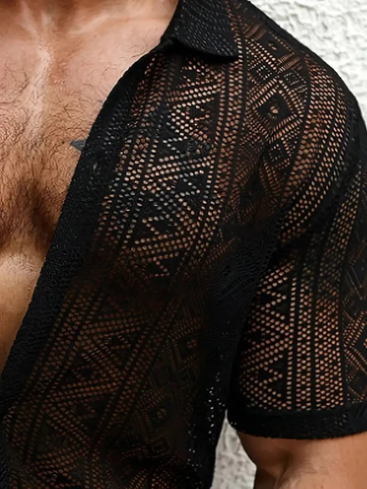 2025 Summer Trendy Mens Mesh Shirts Stylish Short Sleeve Hollow Out Mesh Shirt Vacation Men Sexy See Through Lace Cardigan Tops by Reinvent Yourself